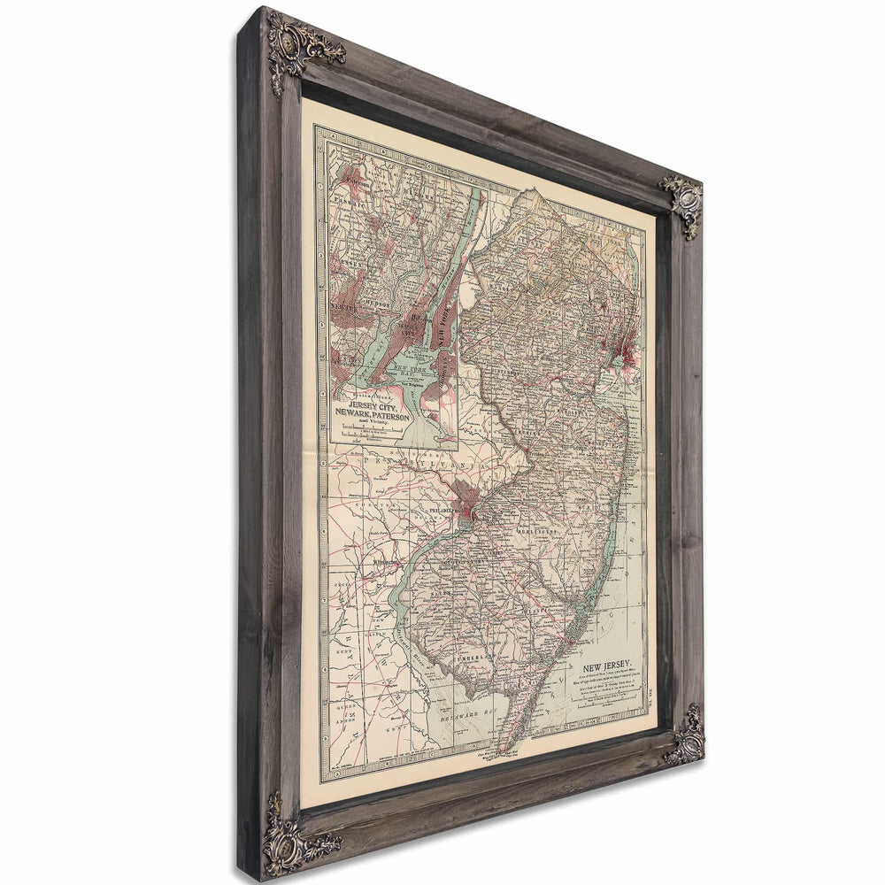 Framed New Jersey Vintage Map - Ornate Embellishment Frame with Print