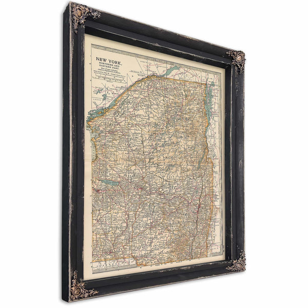 a framed map of the state of new york