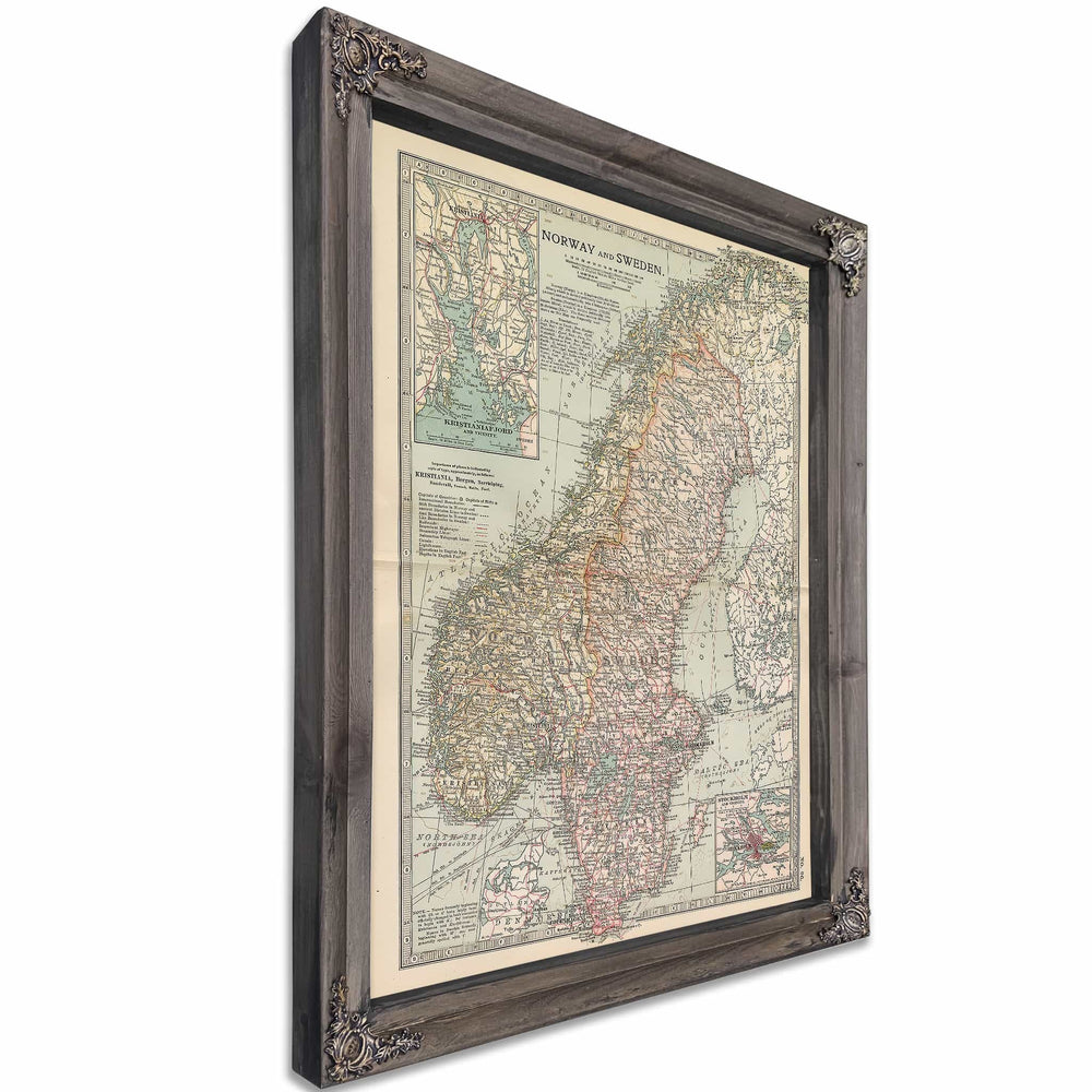 Framed Norway Sweden Vintage Map - Ornate Embellishment Frame with Print