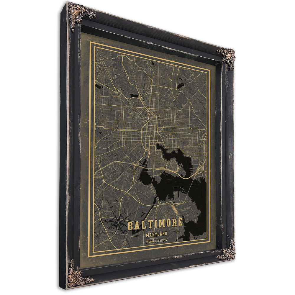 Framed Baltimore Vintage Map - Ornate Embellishment Frame with Print