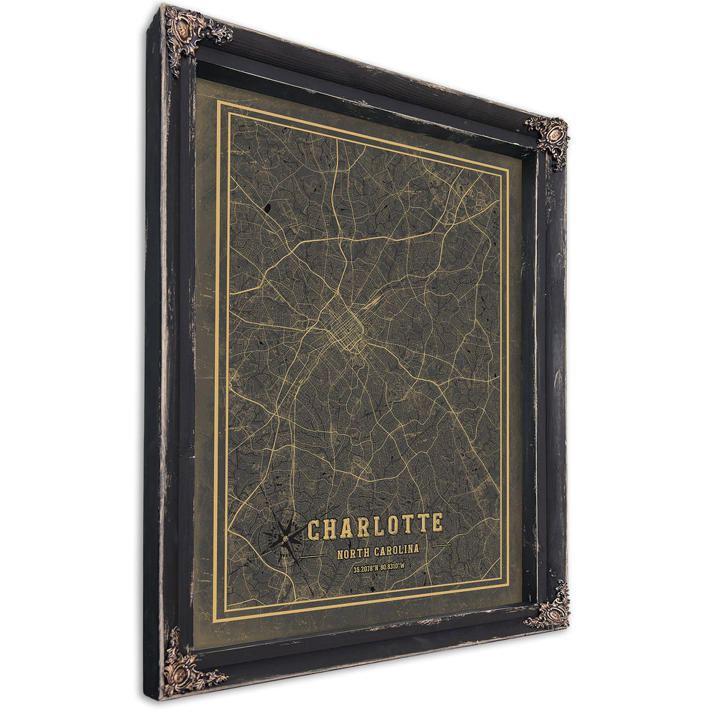 Framed Charlotte Vintage Map - Ornate Embellishment Frame with Print