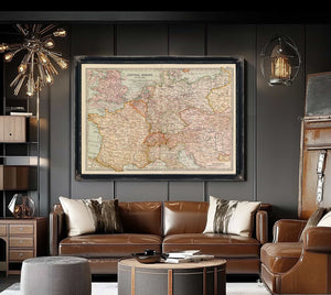 a living room filled with furniture and a large map