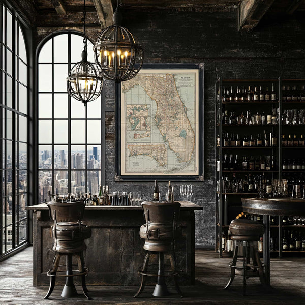 a bar with two stools and a map on the wall