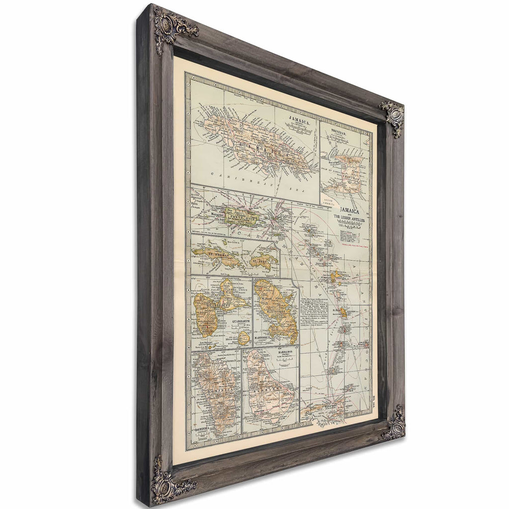 Framed Jamaica Vintage Map - Ornate Embellishment Frame with Print