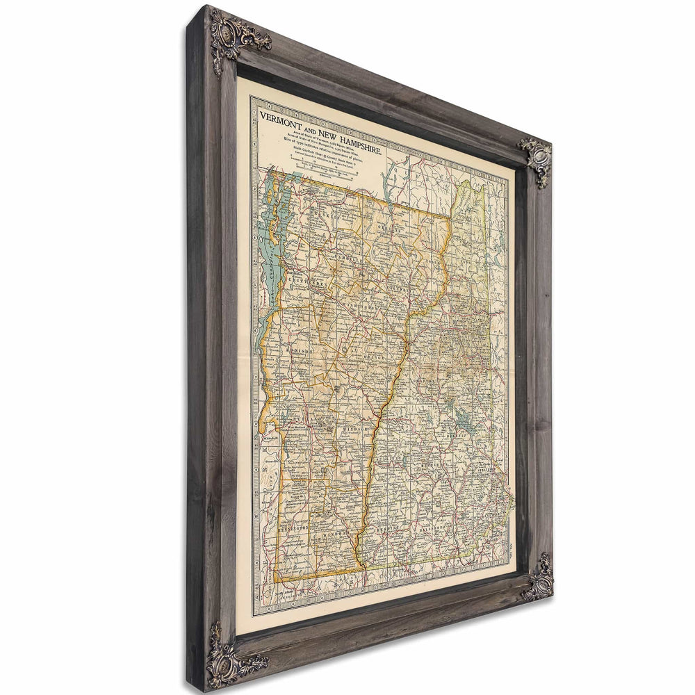 Framed Vermont And New Hampshire Vintage Map - Ornate Embellishment Frame with Print