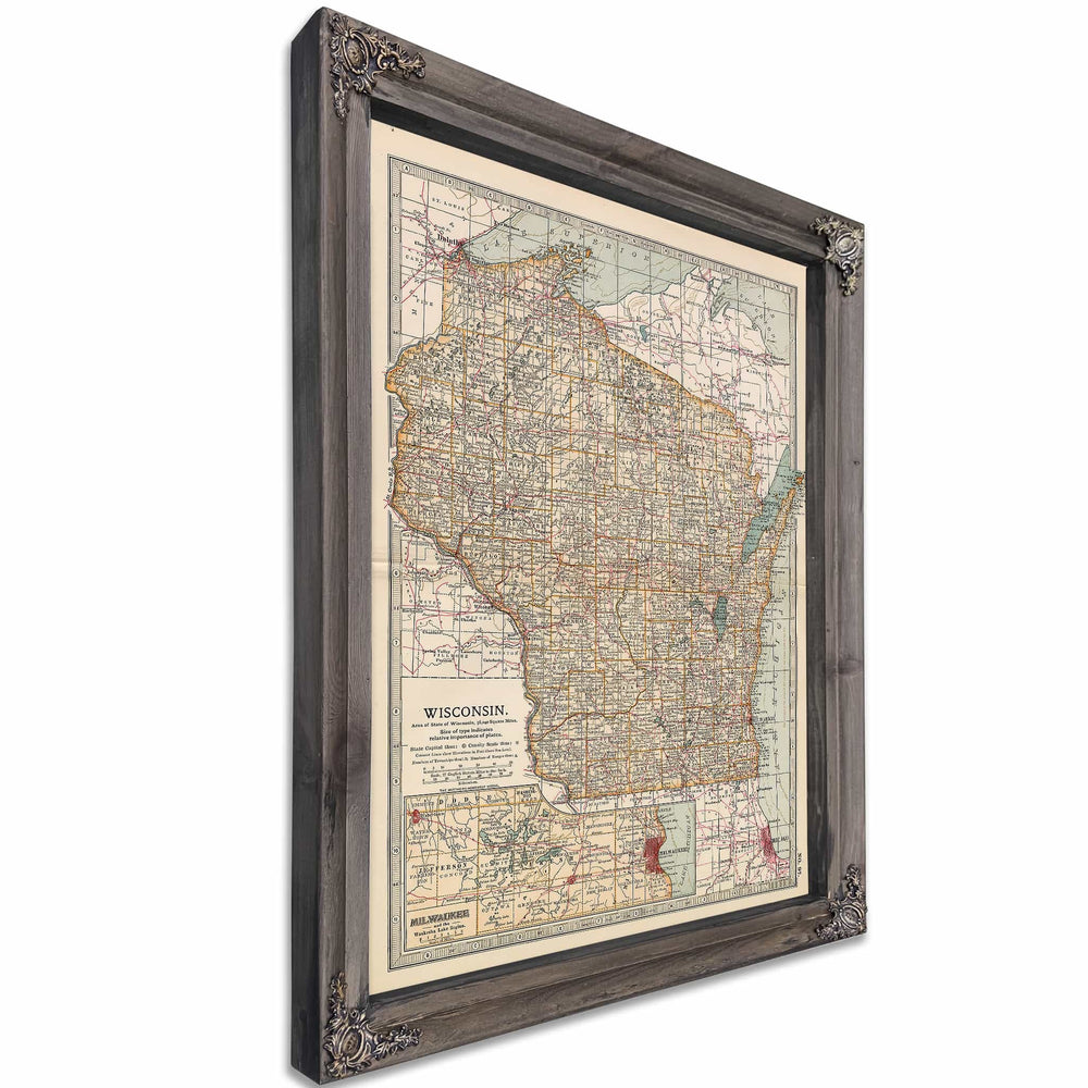 Framed Wisconsin Vintage Map - Ornate Embellishment Frame with Print