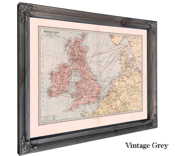 Framed British Isles, North Sea, and adjoining countries Vintage Map - Ornate Embellishment Frame with Print