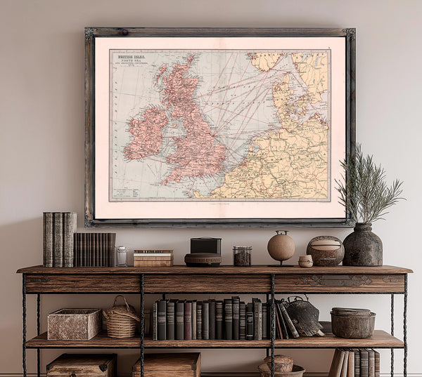 Framed British Isles, North Sea, and adjoining countries Vintage Map - Ornate Embellishment Frame with Print