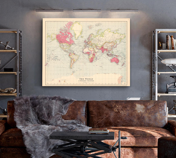 Framed The world on Mercator's projection Vintage Map - Ornate Embellishment Frame with Print