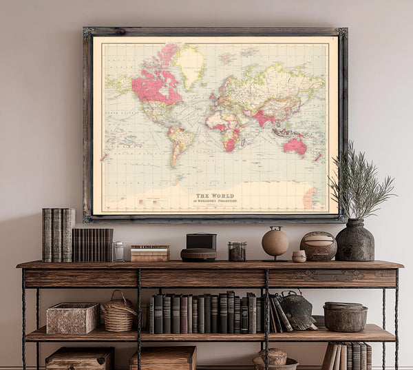 Framed The world on Mercator's projection Vintage Map - Ornate Embellishment Frame with Print