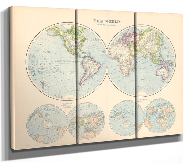 Framed The World on a Plane of a Meridian Vintage Map - Ornate Embellishment Frame with Print