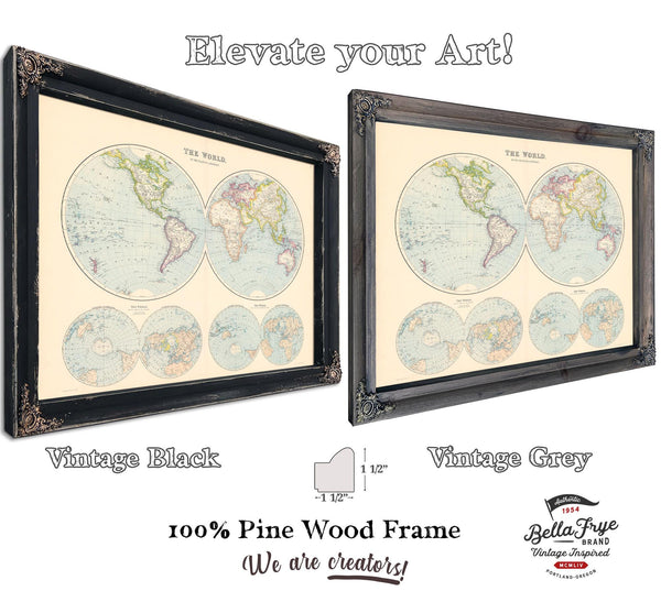 Framed The World on a Plane of a Meridian Vintage Map - Ornate Embellishment Frame with Print