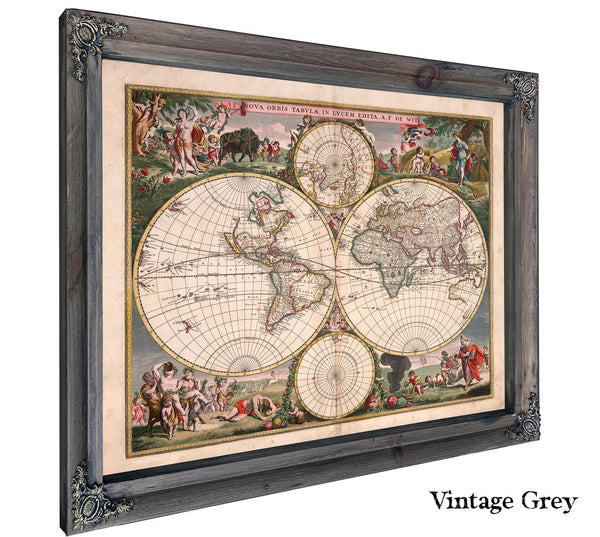 Framed World map (Nova orbis tabula in lucem edita A. F. de Wit) Vintage Map - Ornate Embellishment Frame with Print