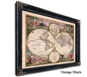 Framed World map (Nova orbis tabula in lucem edita A. F. de Wit) Vintage Map - Ornate Embellishment Frame with Print