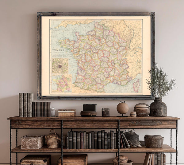 Framed France Vintage Map - Ornate Embellishment Frame with Print