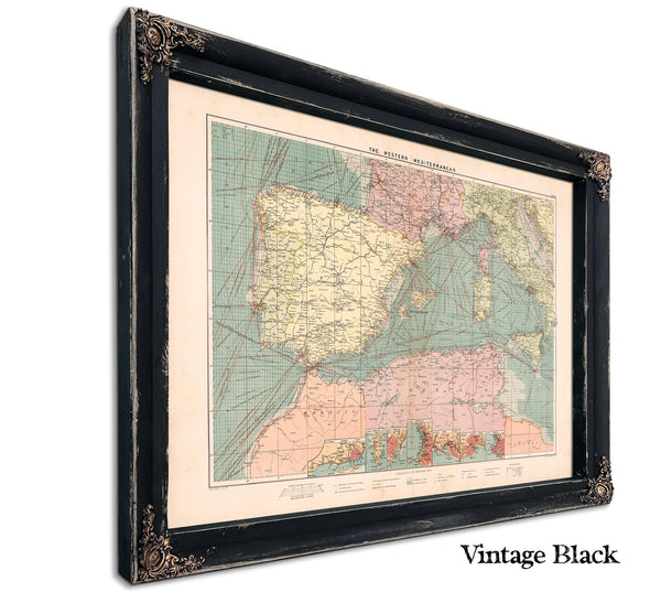 Framed The Western Mediterranean Vintage Map - Ornate Embellishment Frame with Print