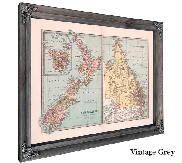 Framed Queensland Vintage Map - Ornate Embellishment Frame with Print