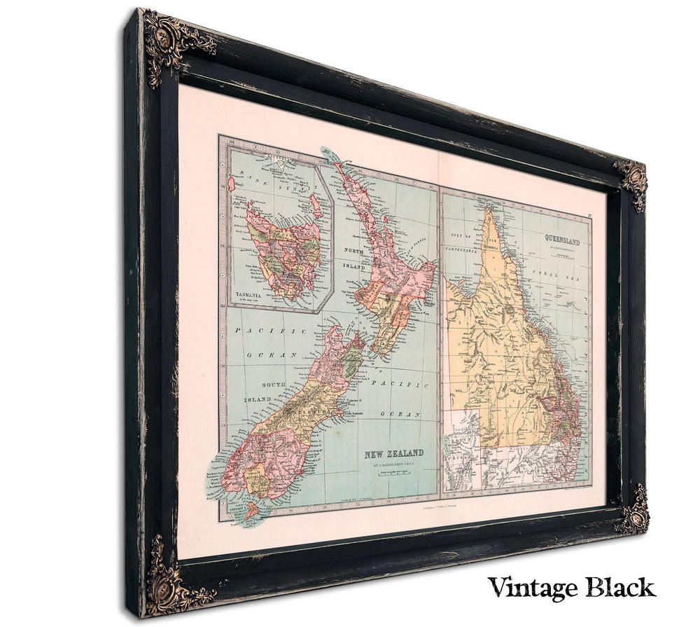 Framed Queensland Vintage Map - Ornate Embellishment Frame with Print