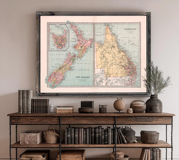 Framed Queensland Vintage Map - Ornate Embellishment Frame with Print