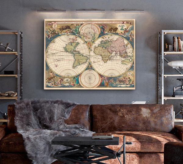 Framed Novissima Totius Terrarum Orbis Tabula Auctore Nicolao Visscher Vintage Map - Ornate Embellishment Frame with Print