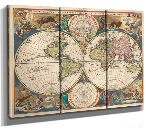 Framed Novissima Totius Terrarum Orbis Tabula Auctore Nicolao Visscher Vintage Map - Ornate Embellishment Frame with Print