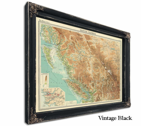 Framed British Columbia Vintage Map - Ornate Embellishment Frame with Print