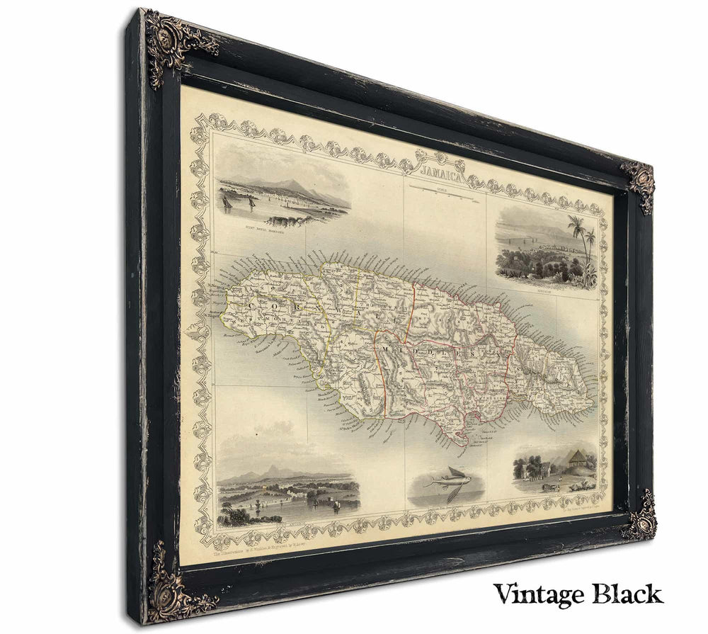 Framed Jamaica Vintage Map - Ornate Embellishment Frame with Print