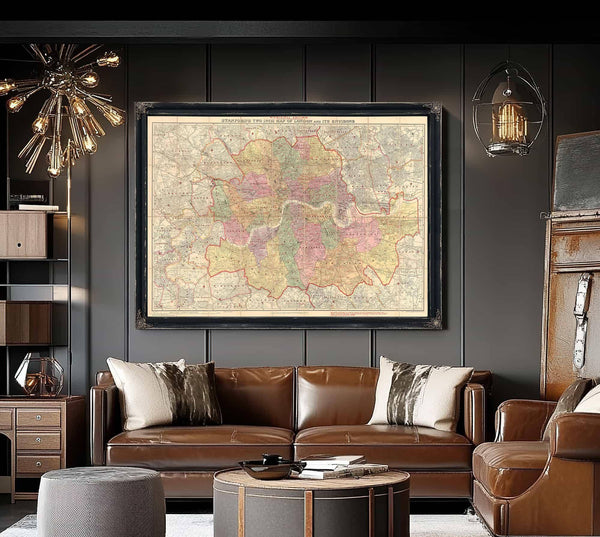 Framed London and Its Environs Vintage Map - Ornate Embellishment Frame with Print