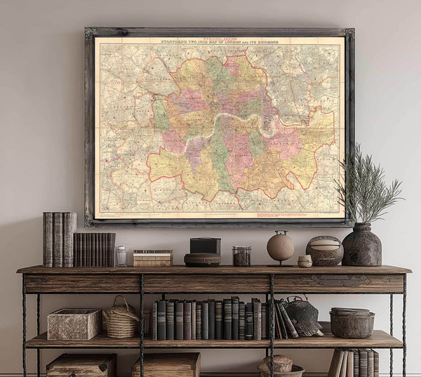 Framed London and Its Environs Vintage Map - Ornate Embellishment Frame with Print