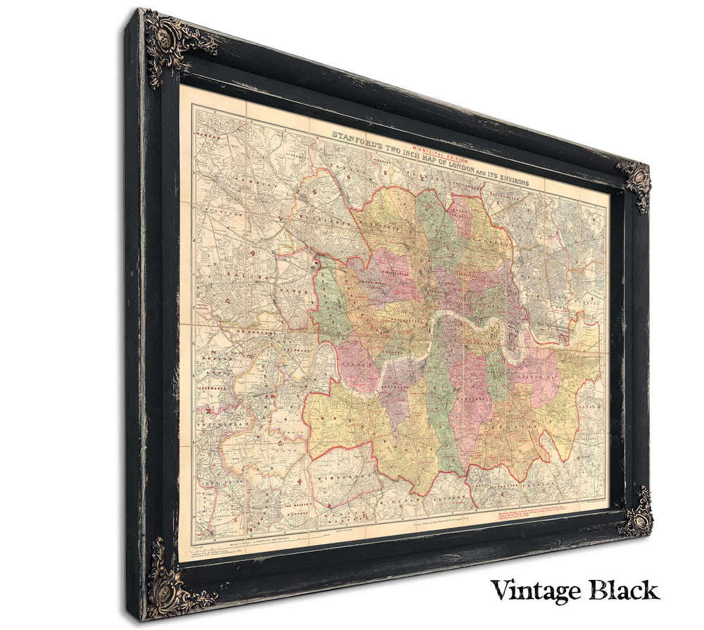 Framed London and Its Environs Vintage Map - Ornate Embellishment Frame with Print