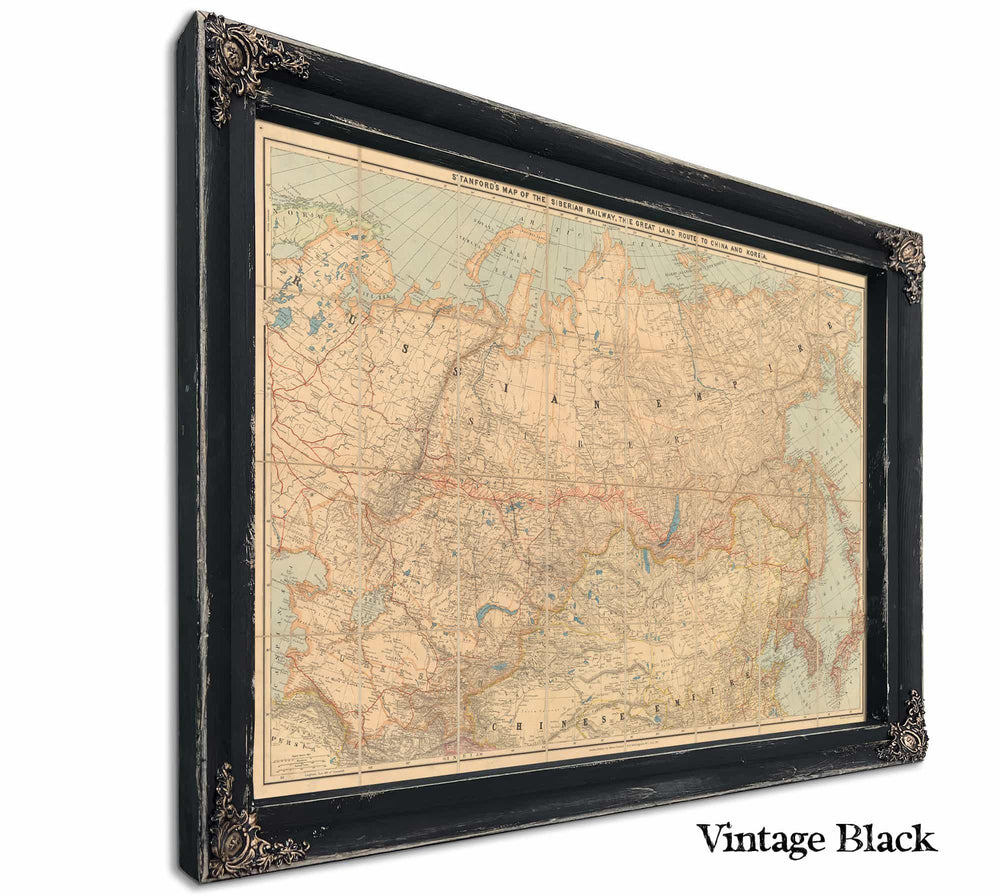 Framed Siberian Railway Vintage Map - Ornate Embellishment Frame with Print