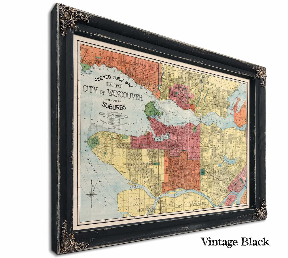 Framed Vancouver and Suburbs Vintage Map - Ornate Embellishment Frame with Print