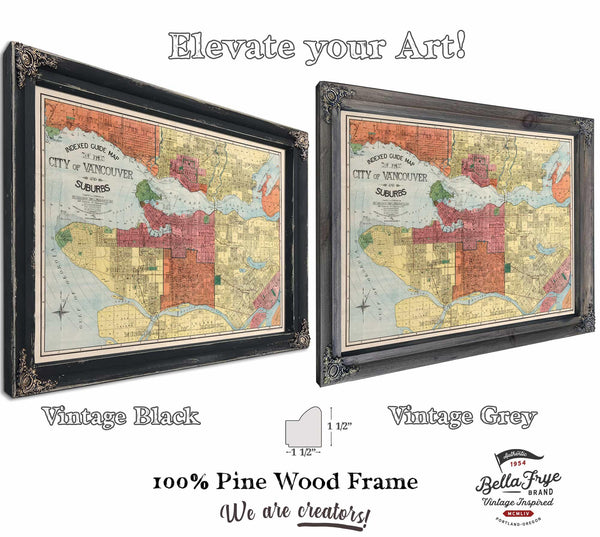 Framed Vancouver and Suburbs Vintage Map - Ornate Embellishment Frame with Print