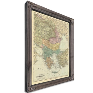 Framed Balkan Peninsula Vintage Map - Ornate Embellishment Frame with Print