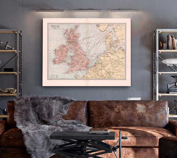 Framed British Isles, North Sea, and adjoining countries Vintage Map - Ornate Embellishment Frame with Print