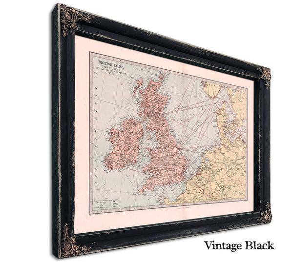 Framed British Isles, North Sea, and adjoining countries Vintage Map - Ornate Embellishment Frame with Print