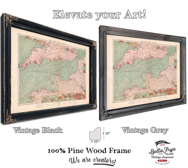 Framed The English Channel Vintage Map - Ornate Embellishment Frame with Print