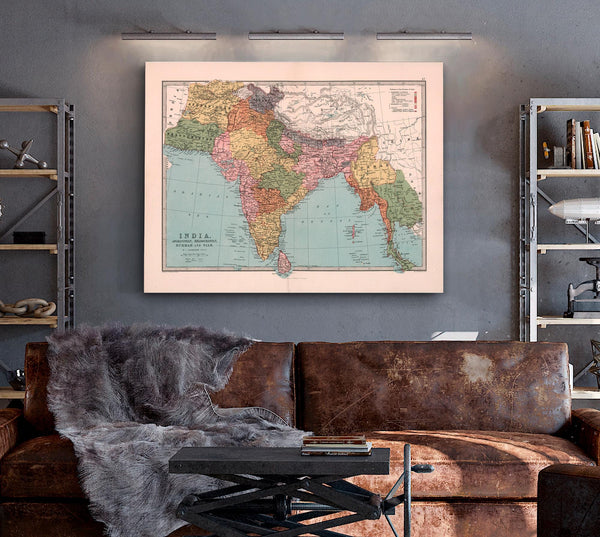 Framed India, Afghanistan, Beloochistan, Burmah and Siam 1987 Vintage Map - Ornate Embellishment Frame with Print