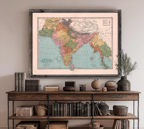 Framed India, Afghanistan, Beloochistan, Burmah and Siam 1987 Vintage Map - Ornate Embellishment Frame with Print