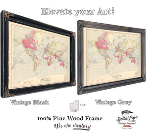 Framed The world on Mercator's projection Vintage Map - Ornate Embellishment Frame with Print