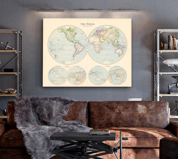 Framed The World on a Plane of a Meridian Vintage Map - Ornate Embellishment Frame with Print