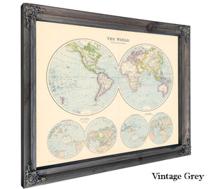 Framed The World on a Plane of a Meridian Vintage Map - Ornate Embellishment Frame with Print