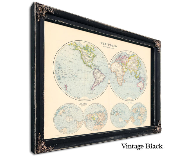 Framed The World on a Plane of a Meridian Vintage Map - Ornate Embellishment Frame with Print