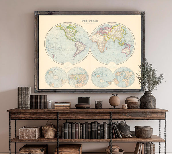 Framed The World on a Plane of a Meridian Vintage Map - Ornate Embellishment Frame with Print