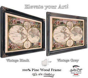 Framed World map (Nova orbis tabula in lucem edita A. F. de Wit) Vintage Map - Ornate Embellishment Frame with Print