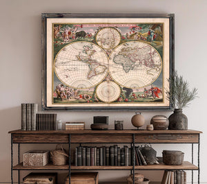 Framed World map (Nova orbis tabula in lucem edita A. F. de Wit) Vintage Map - Ornate Embellishment Frame with Print