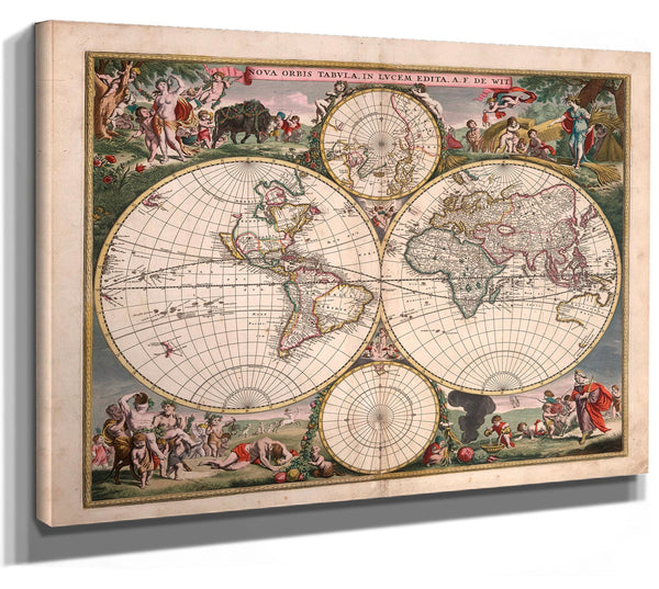 Framed World map (Nova orbis tabula in lucem edita A. F. de Wit) Vintage Map - Ornate Embellishment Frame with Print