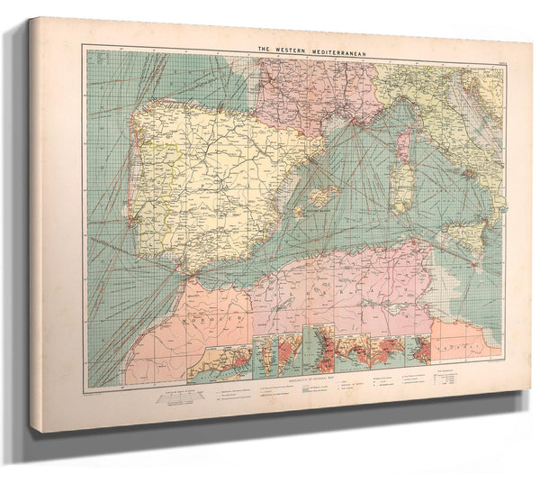 Framed The Western Mediterranean Vintage Map - Ornate Embellishment Frame with Print