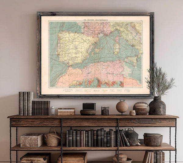 Framed The Western Mediterranean Vintage Map - Ornate Embellishment Frame with Print