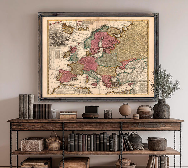 Framed Europae in Tabula Geographica Delineatio Vintage Map - Ornate Embellishment Frame with Print